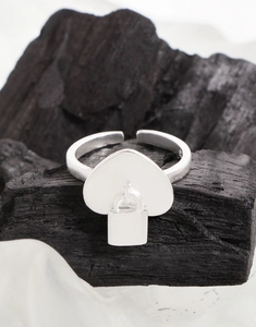Nahaufnahme des matten S925 Silber-Herzrings mit Schlossanhänger auf Kohleblock