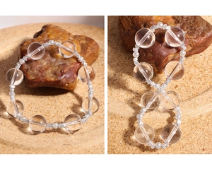 Detailed macro view of crystal beads and silver irregular spacers on elastic bracelet