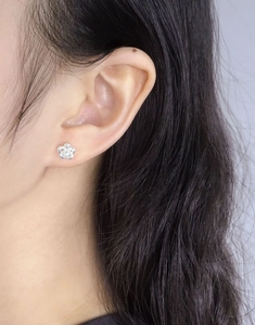 Close-up of S925 sterling silver flower stud earrings with white pearl on a model's ear