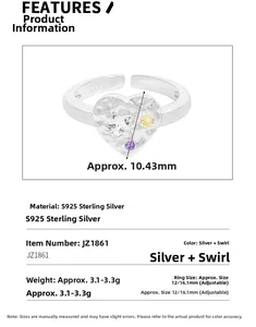 Detail view of S925 sterling silver lava heart ring with star zircon and specifications
