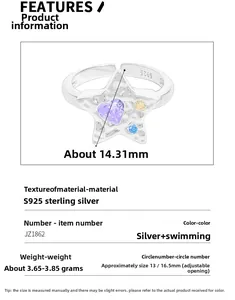 Détails de la bague étoile en argent S925 avec zircon cœur violet et dimensions gravées