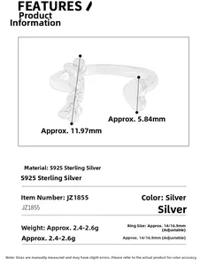 Detailed size specifications for the S925 sterling silver heart wing ring with dimensions