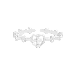 S925 sterling silver open heart ring with cross element and floral relief on white background