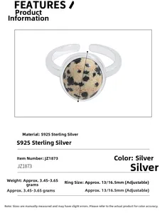 Detail of adjustable S925 sterling silver ring with natural spotted stone, size 13/16.5mm