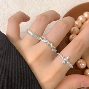 Braided S925 silver open ring set with cross and bowknot charms for women