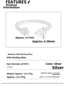 Detail view of S925 sterling silver ring showing size measurements and zircon inlay