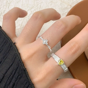 S925 silver open ring set with a yellow heart-shaped zircon and micro-paved cross detail