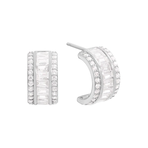 Sparkling S925 sterling silver hoop earrings with channel set baguette and round zircons