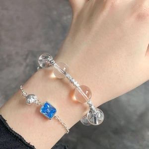 S925 sterling silver crystal beaded bracelet set with blue gemstone and silver charms