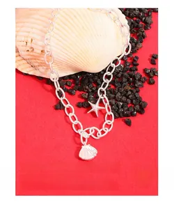 Detailed shot of S925 silver chunky chain bracelet with starfish and seashell charms