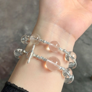 Double-layer natural crystal bead bracelet with S925 sterling silver toggle clasp for women