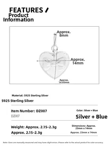 Detailed size specifications for the S925 sterling silver bow heart pendant charm