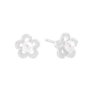Elegant S925 sterling silver hollow flower stud earrings with white pearl center for women