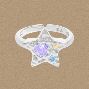 Bague Étoile en Argent Sterling 925 Texture de Lave pour Femme Zirconia Coeur Violet Design Martelé Bague Ouverte Ajustable