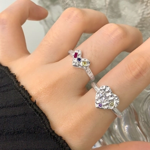 Lava texture S925 sterling silver heart ring set with colorful zircon stones