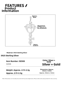 Technical specifications of the S925 sterling silver heart key pendant with dimensions