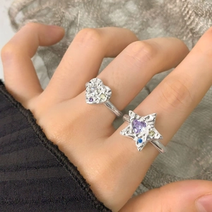 Bagues cœur et étoile en argent sterling S925 avec texture lave et zircons colorés