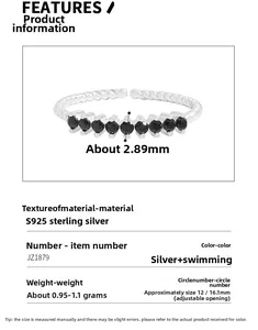 Macro view of S925 sterling silver twist ring with black zircon setting and dimensions