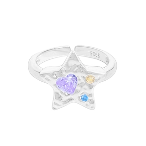 Bague étoile en argent S925 avec zircon cœur violet et texture de lave raffinée
