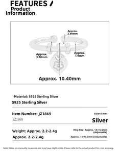 Detailed specs of S925 sterling silver adjustable ring with heart flower pendant
