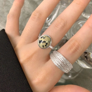 S925 sterling silver Dalmatian Jasper ring and textured multi-layer band set for women
