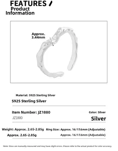 Detailed view of S925 sterling silver heart ring showing 3.44mm band width and lava texture