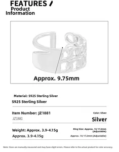 Detailed sizing chart and specifications for the adjustable S925 sterling silver ring