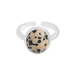 Natural dalmatian stone S925 sterling silver open ring with minimalist round gemstone