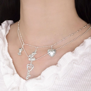 S925 sterling silver multi-layered heart and key pendant necklace for women