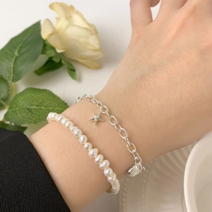 Minimalist S925 sterling silver starfish and shell pendant pearl bracelet set for women