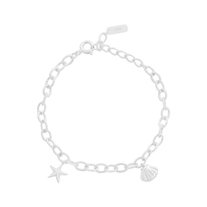 Minimalist S925 sterling silver bracelet featuring starfish and seashell charms on a white background
