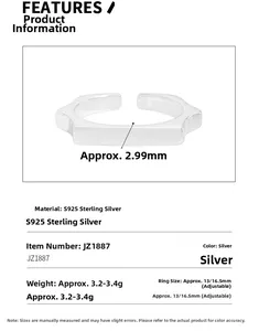 Detailed specs of geometric S925 sterling silver ring showing 2.99mm width and weight