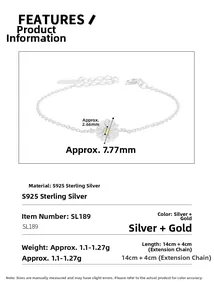 Macro detail of S925 sterling silver daisy bracelet showing dimensions and 4cm extension