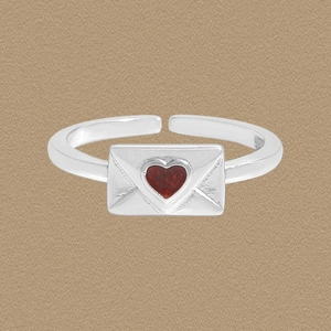 Anello Regolabile in Argento Sterling S925 a Busta con Cuore per Donna Smalto Rosso Lettera d'Amore Romantico Gioielli di Moda Regalo