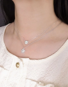 Dettaglio della collana a doppio strato in argento S925 con ciondoli margherita e zirconi