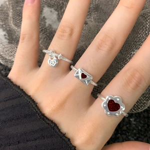 S925 sterling silver ring set featuring heart charms, floral motifs, and envelope designs