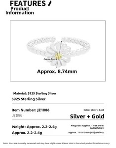 Detailed view of S925 sterling silver daisy ring with yellow zircon and beaded band