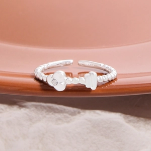 S925 sterling silver beaded open ring with zircon flower and square metal block