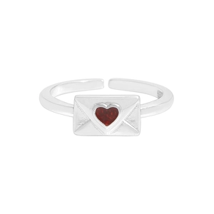 Anello busta in argento sterling S925 con cuore smaltato rosso, design aperto regolabile