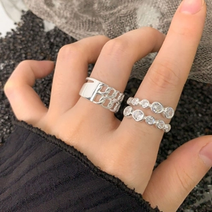 S925 sterling silver hollow chain拼接 design ring set with sparkling zircon stones