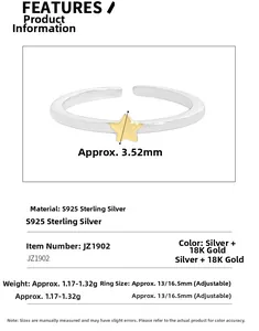 Detail view of S925 sterling silver star ring with 18K gold star and size specifications