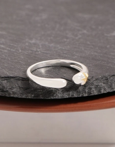 Vue détaillée d'une bague ouverte en argent avec une étoile dorée sur pierre noire