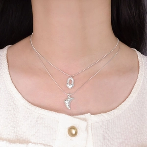 Collier double rang en argent S925 avec cadenas cœur et pendentif croissant