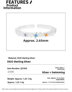 Detail view of S925 sterling silver rainbow heart ring with dimensions and specs