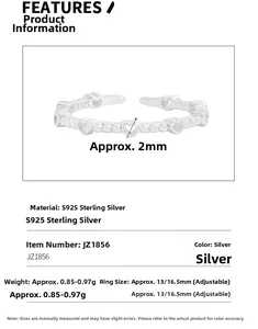 Detail of S925 sterling silver adjustable heart ring with inner band hallmark and size specs