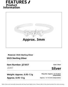 Detailed view of S925 sterling silver ring dimensions and triple heart zircon settings