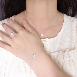 Elegant S925 sterling silver daisy jewelry set with necklace bracelet and ring on a model