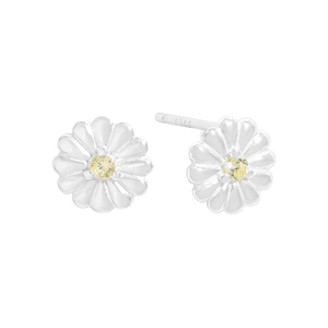 S925 sterling silver daisy stud earrings with white enamel petals and yellow zircon