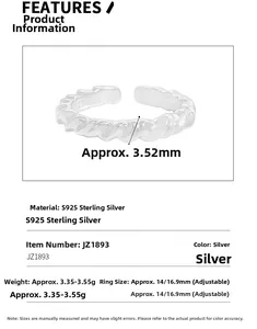 S925 sterling silver twisted rope ring detail with size and 3.52mm width specifications