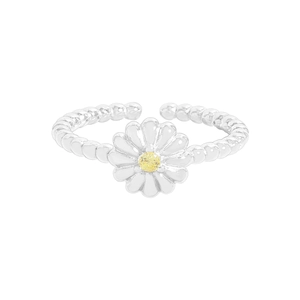 S925 sterling silver daisy flower ring with yellow gemstone and beaded band